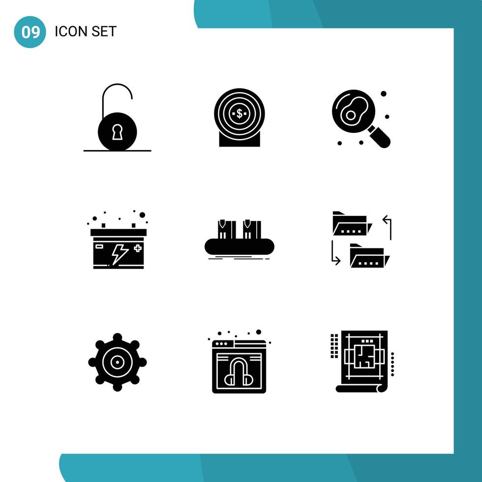 9 ensemble de glyphes solides universels pour les applications web et mobiles usine boîte ceinture de cuisine batterie éléments de conception vectoriels modifiables vecteur