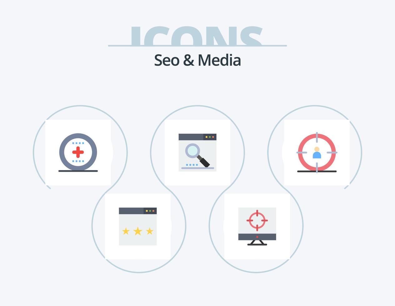 conception d'icônes seo et media flat icon pack 5. recherche. optimiser. ciblage. médias. ux vecteur