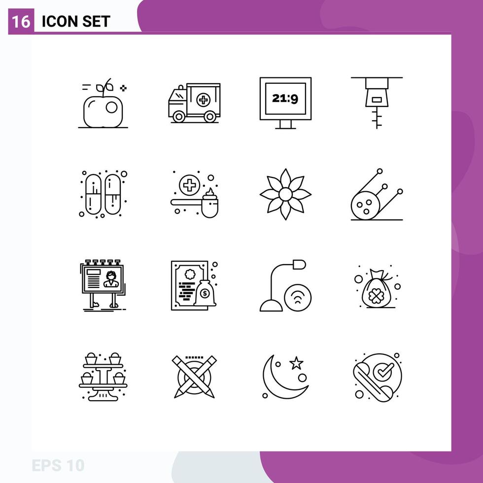 ensemble de 16 symboles d'icônes d'interface utilisateur modernes signes de guérison médecine van capsule vêtements éléments de conception vectoriels modifiables vecteur