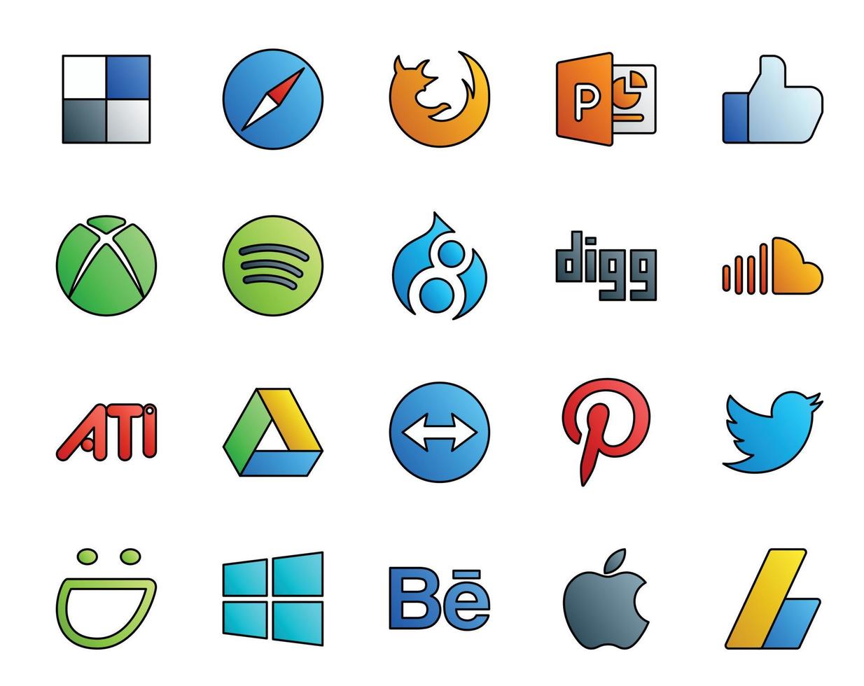 pack de 20 icônes de médias sociaux, y compris pinterest google drive spotify ati sound vecteur