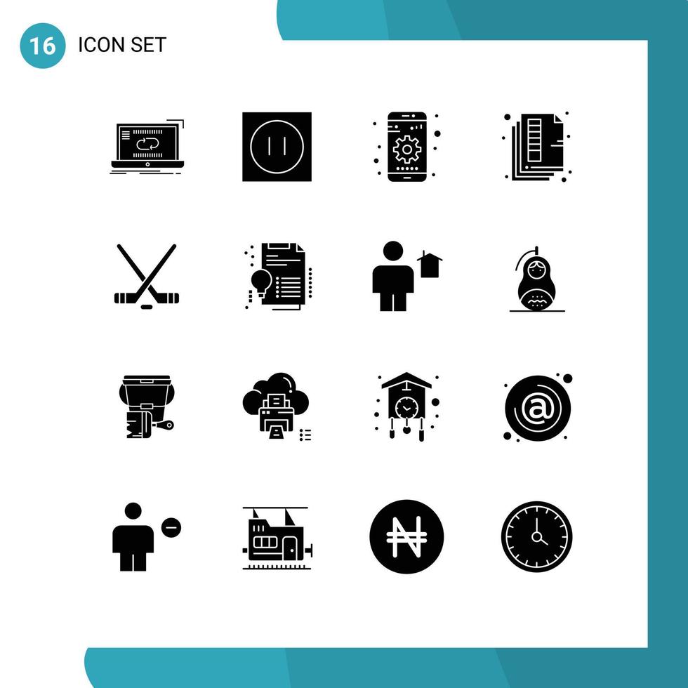 groupe de 16 signes et symboles de glyphes solides pour les éléments de conception vectoriels modifiables de l'appareil de page de technologie de papier couleur vecteur