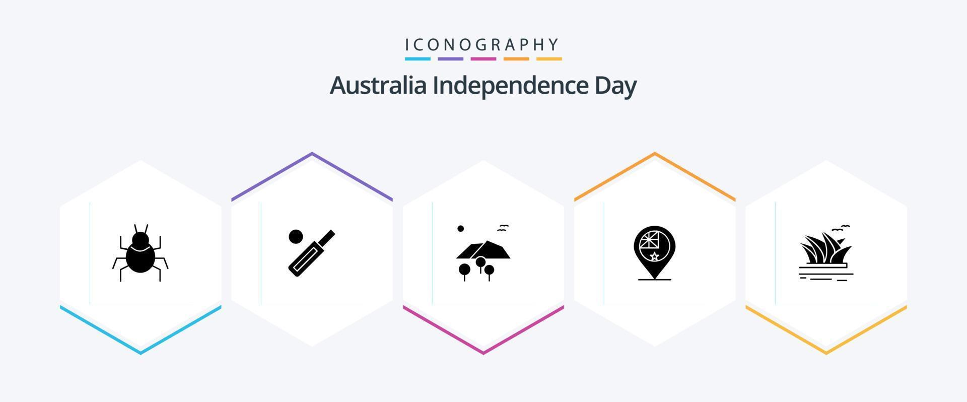 pack d'icônes de 25 glyphes du jour de l'indépendance de l'australie, y compris l'emplacement. drapeau. sport. pays. des oiseaux vecteur