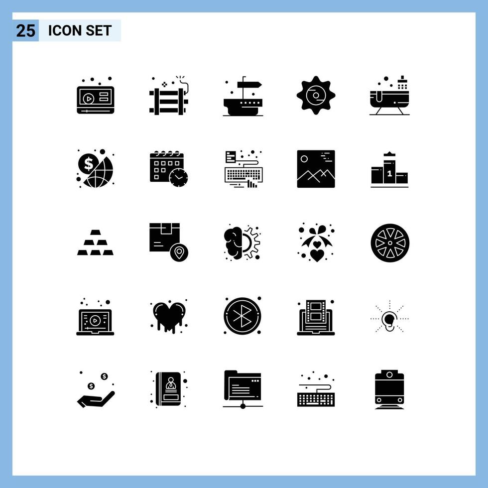 pack d'interface utilisateur de 25 glyphes solides de base d'éléments de conception vectoriels modifiables de chapeau de nourriture de bateau de douche vecteur