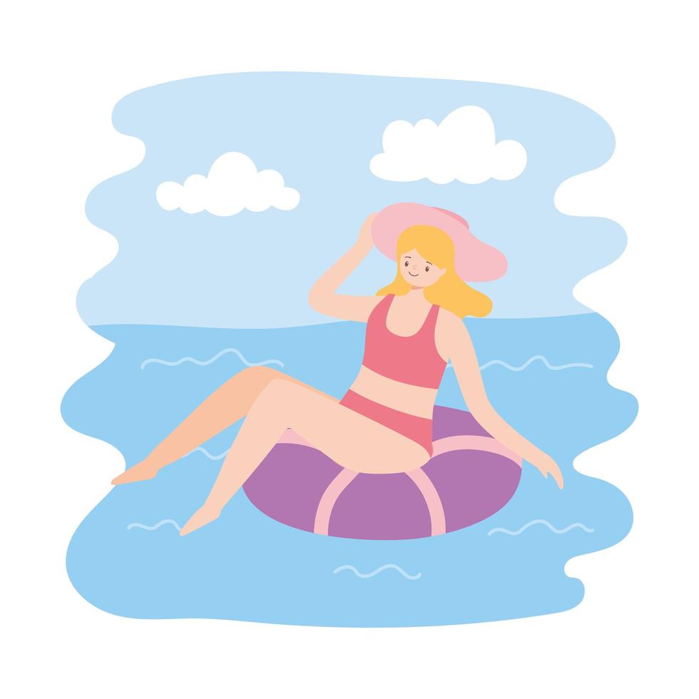 fille bain de soleil sur l'anneau dans la piscine, concept de voyage vacances d'été vecteur