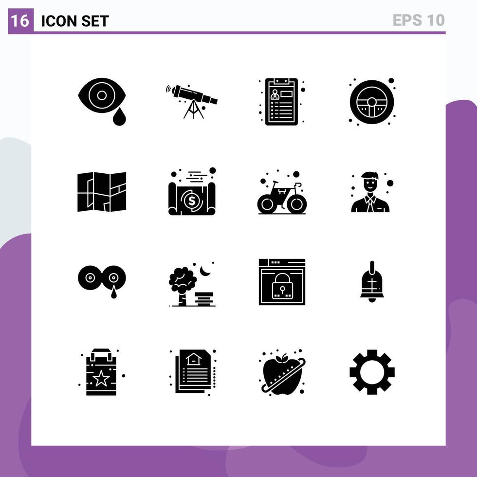 interface utilisateur pack de 16 glyphes solides de base de l'emplacement vue du volant reprendre la direction éléments de conception vectoriels modifiables vecteur