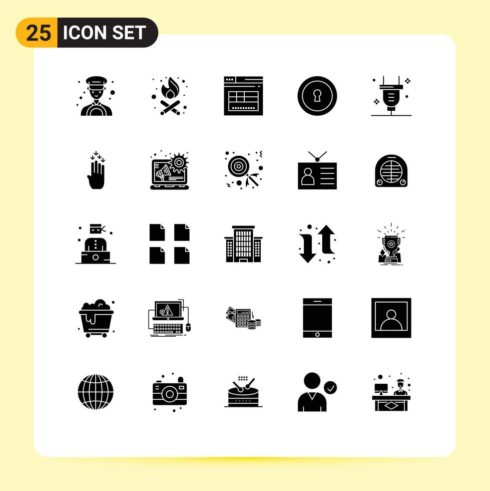 interface mobile glyphe solide ensemble de 25 pictogrammes d'éléments de conception vectoriels modifiables secrets d'alimentation web de commutateur de doigt vecteur