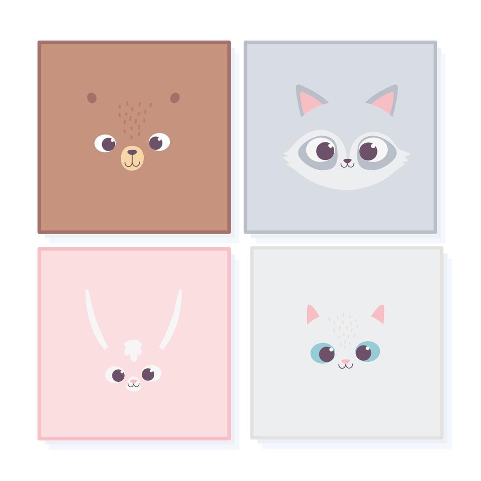 dessin animé mignon animaux portrait faune visages ours lapin chat raton laveur vecteur