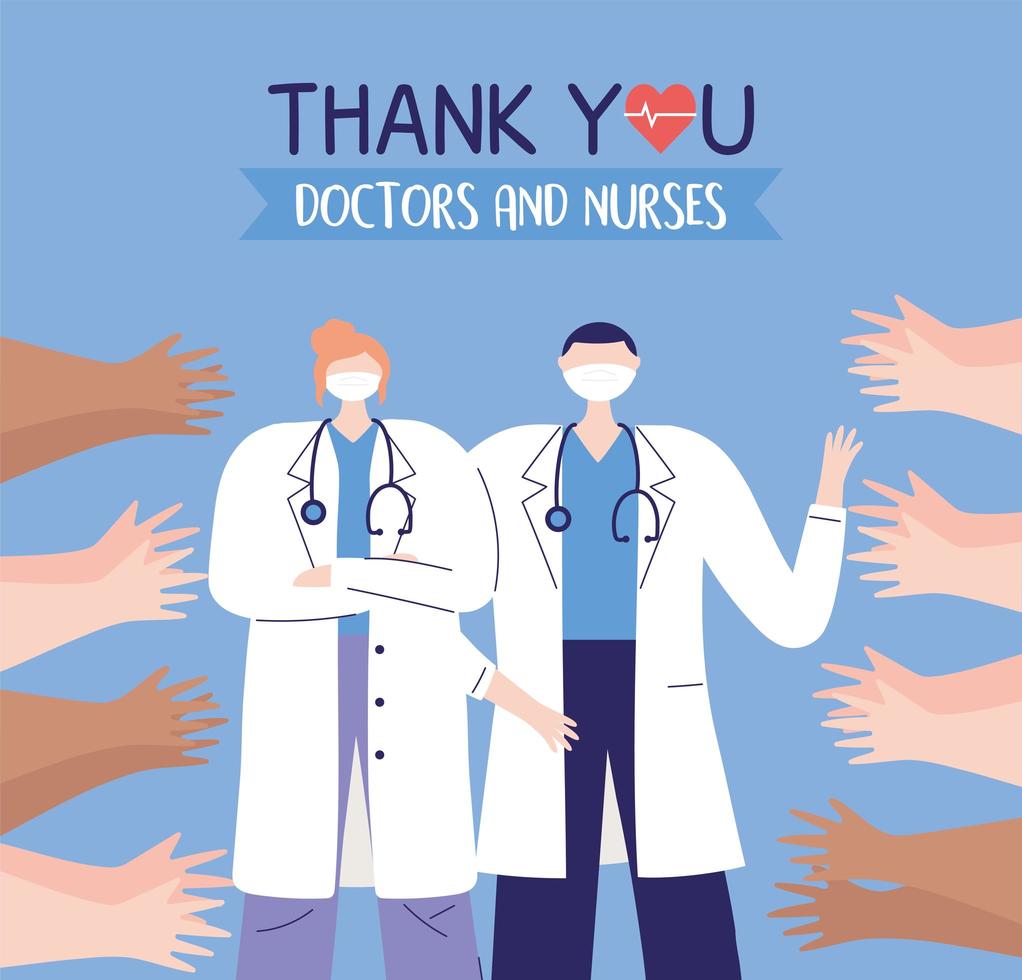 Merci médecins et infirmières, personnages médecin homme et femme, salutation mains personnes vecteur