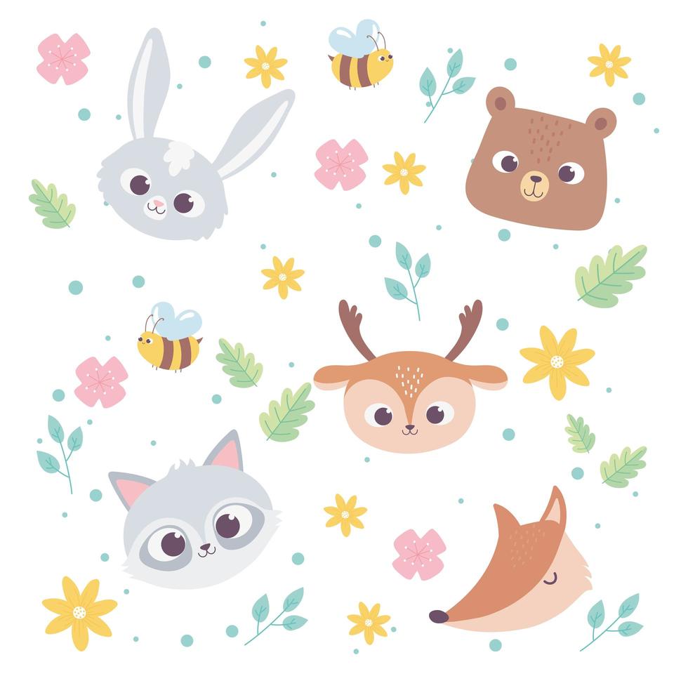 dessin animé mignon animaux sauvages petits visages lapin ours cerf renard et raton laveur fleurs abeille fond vecteur
