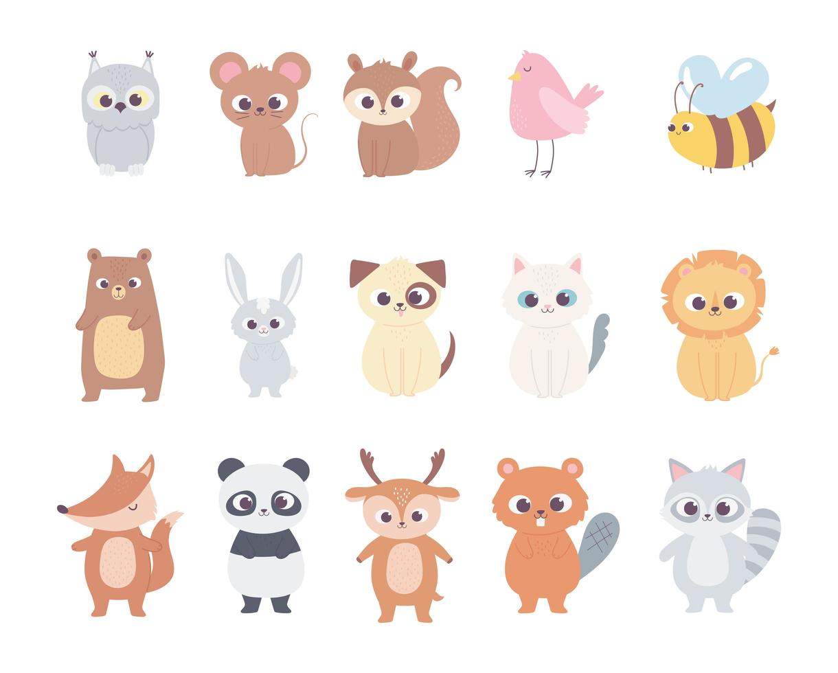 mignon dessin animé animaux petits personnages hibou souris écureuil cerf oiseau abeille ours chat chien lion vecteur