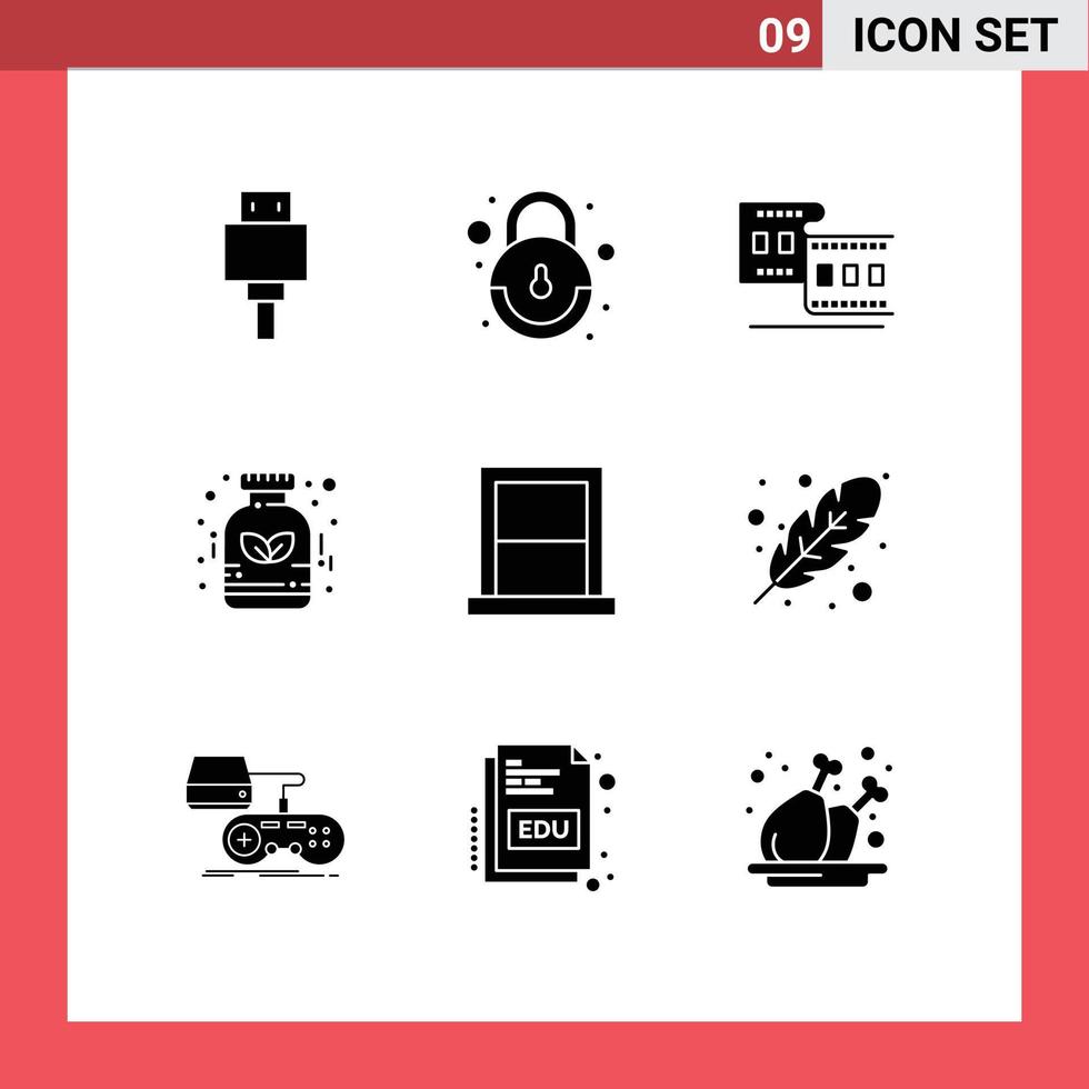 interface mobile glyphe solide ensemble de 9 pictogrammes d'appareils de meubles cinéma médecine éléments de conception vectoriels modifiables à base de plantes vecteur