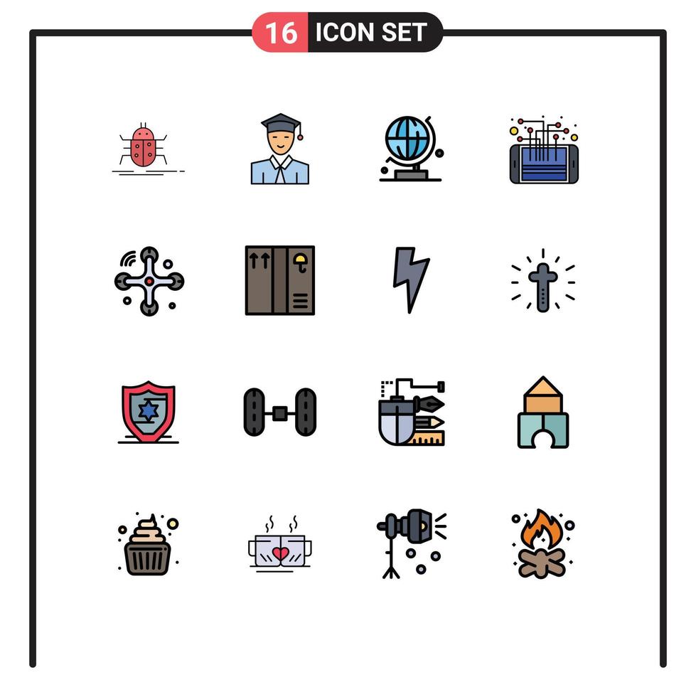groupe de 16 signes et symboles de lignes remplies de couleurs plates pour le processeur de communication apprenant les éléments de conception vectoriels créatifs modifiables du circuit téléphonique vecteur