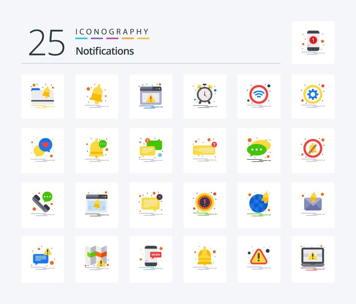Notifications Pack de 25 icônes de couleur plate, y compris le signe. Wifi. alerte. La technologie. l'horloge vecteur