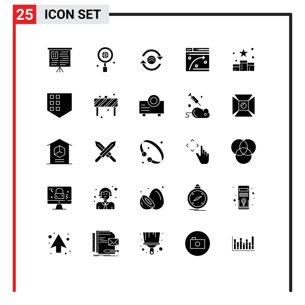 ensemble moderne de 25 pictogrammes de glyphes solides de la position de récompense recharger les éléments de conception vectoriels modifiables de la fenêtre multimédia vecteur