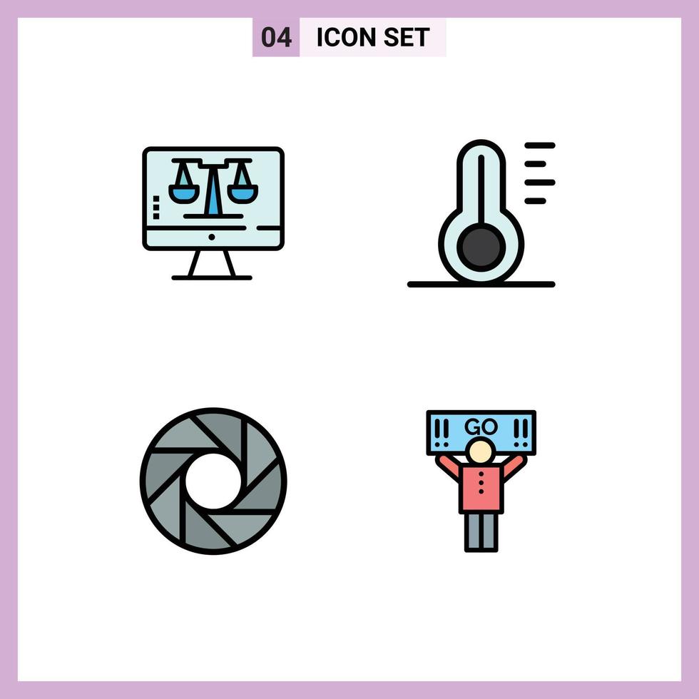 ensemble moderne de 4 pictogrammes de couleurs plates remplies de loi numérique écran d'objectif en ligne thermomètre ventilateur éléments de conception vectoriels modifiables vecteur