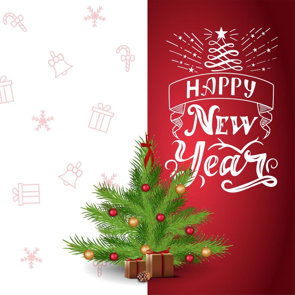 bonne année, carte postale rouge et blanche avec beau lettrage et arbre de Noël de dessin animé vecteur