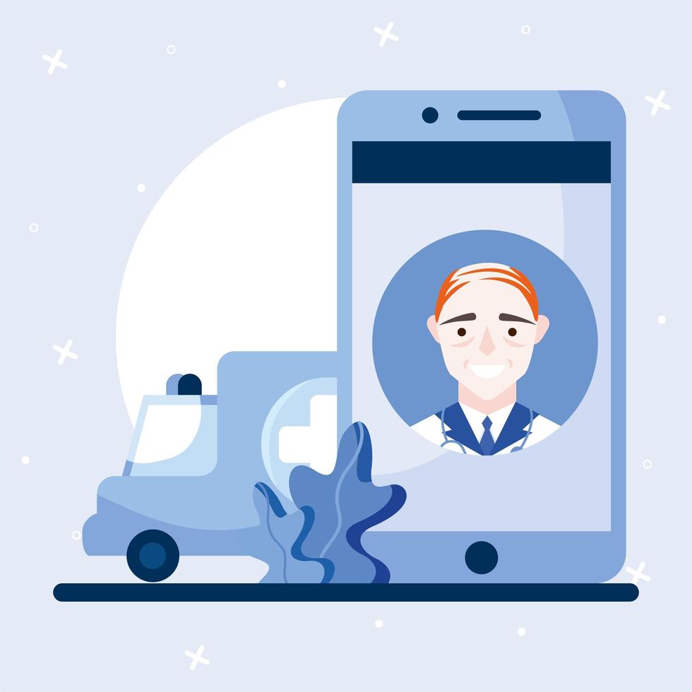 médecin de sexe masculin en ligne sur la conception de vecteur de smartphone et d'ambulance