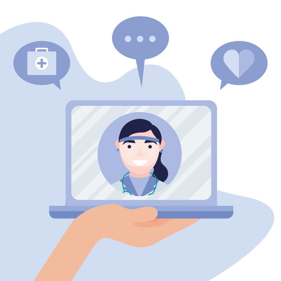 femme médecin en ligne sur ordinateur portable avec dessin vectoriel icon set