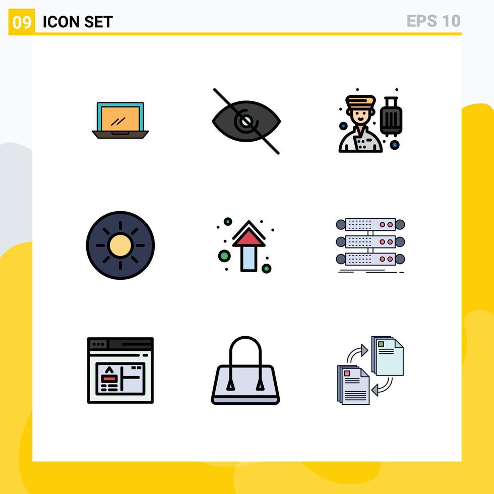 interface mobile filledline couleur plate ensemble de 9 pictogrammes d'éléments de conception vectoriels modifiables de service de soleil d'avatar de flèche vers le haut vecteur