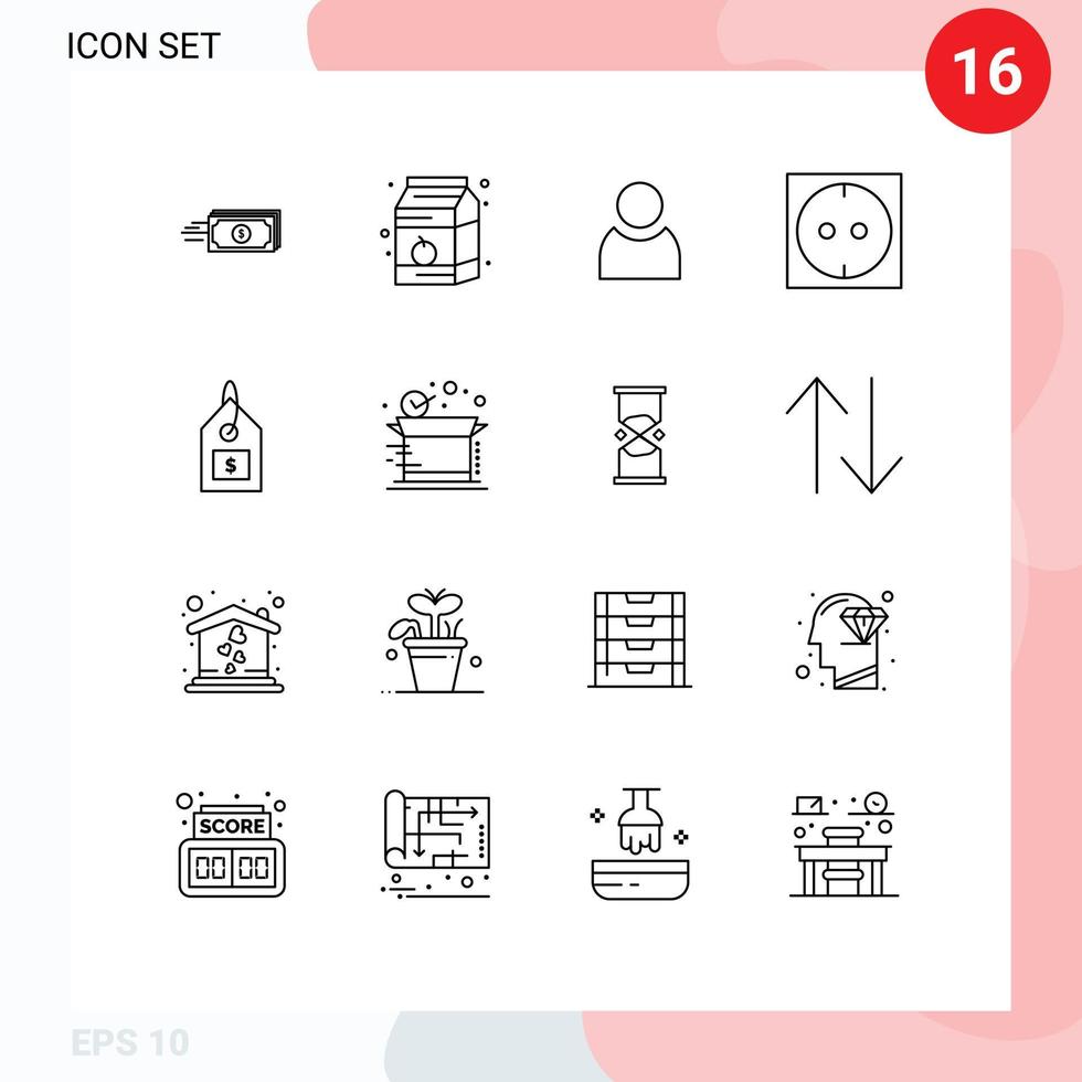 ensemble de pictogrammes de 16 contours simples d'éléments de conception vectoriels modifiables électriques d'étiquette de lait dollar d'interface vecteur