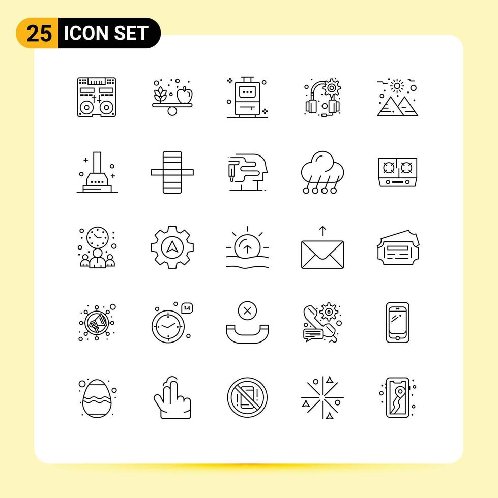 ensemble moderne de 25 lignes et symboles tels que les éléments de conception vectoriels modifiables de l'engrenage du casque de légume de la planète soleil vecteur