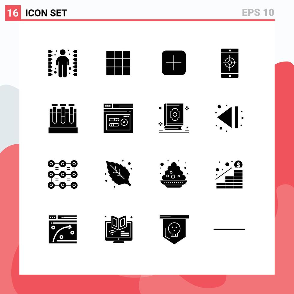 16 ensembles de glyphes solides universels pour le laboratoire de test d'applications web et mobiles ainsi que des éléments de conception vectoriels modifiables mobiles cibles vecteur