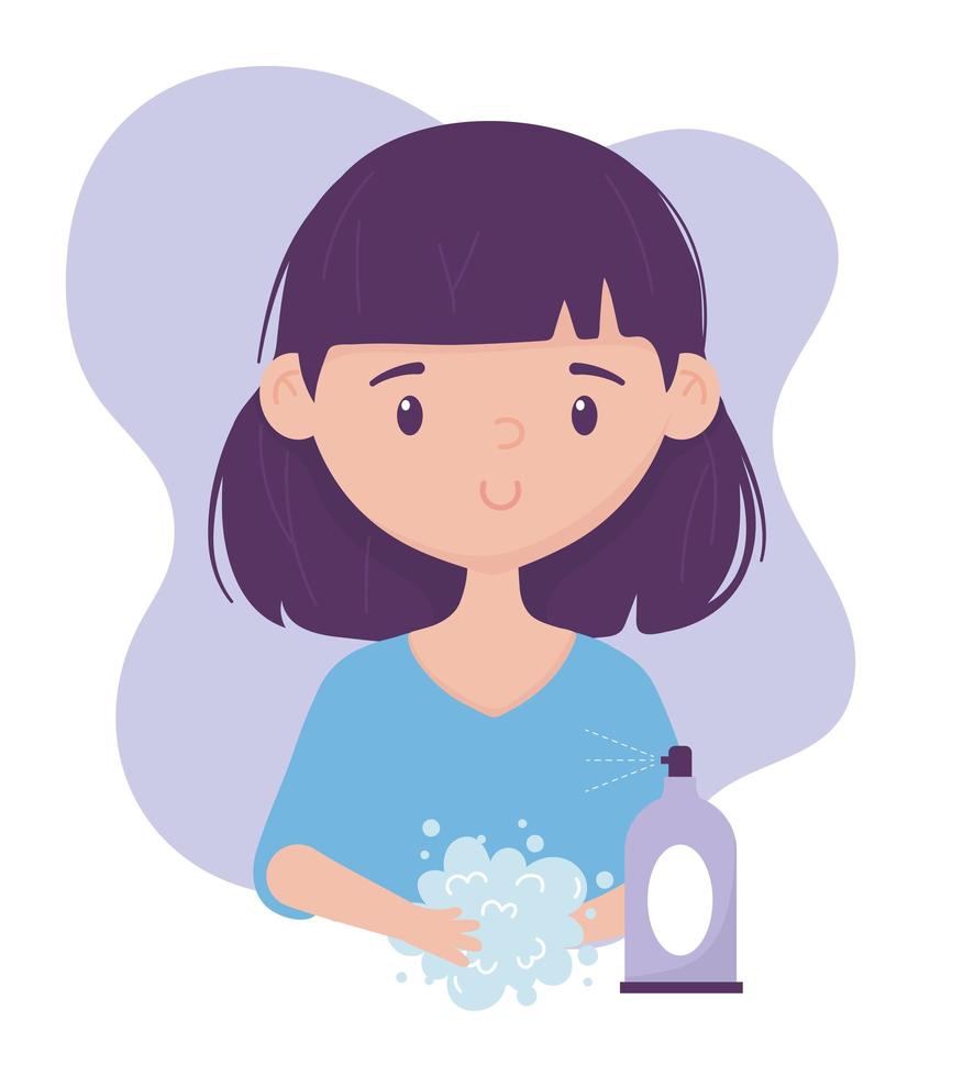 santé en ligne, fille se lavant les mains avec un spray de savon coronavirus Covid 19 vecteur