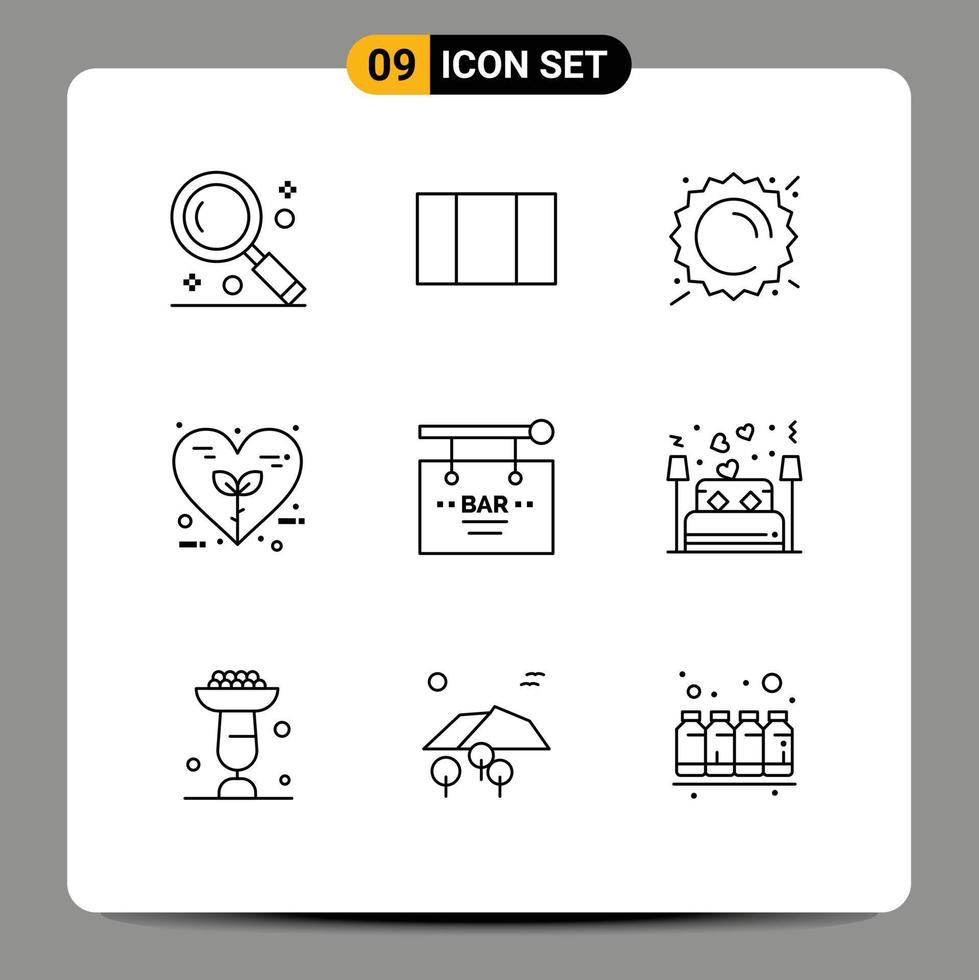 symboles d'icônes universels groupe de 9 contours modernes d'anniversaire nature soleil amour éco éléments de conception vectoriels modifiables vecteur