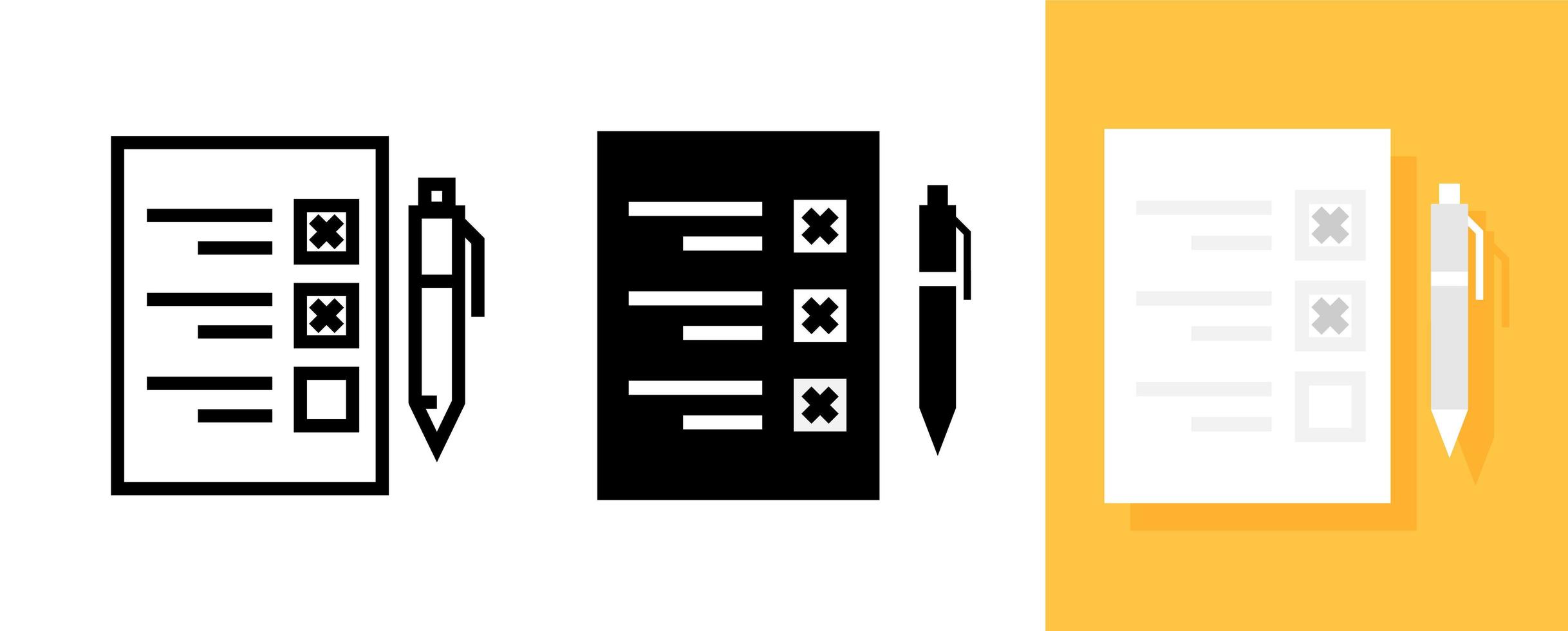 icône plate du document d'enquête ou de la liste de contrôle avec symbole de stylo, vecteur et illustration.