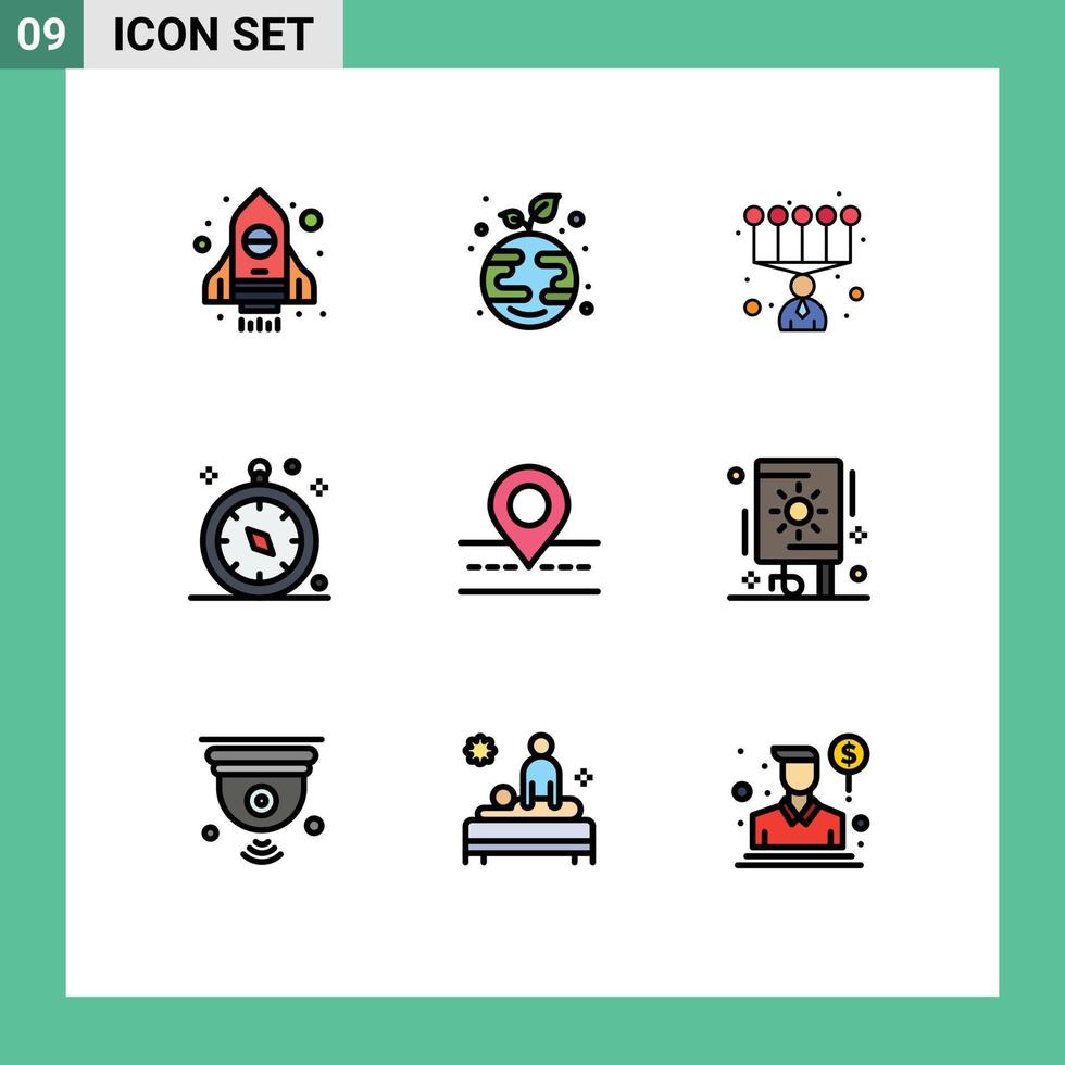 interface mobile couleur plate remplie de 9 pictogrammes de localisation de la carte compétences personnelles navigation routière éléments de conception vectoriels modifiables vecteur
