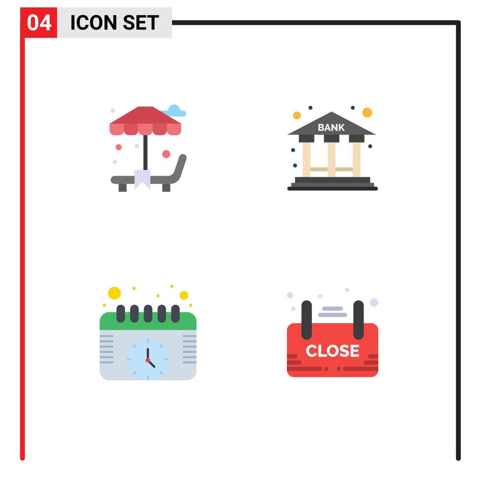 pack d'interface utilisateur de 4 icônes plates de base du bâtiment de la banque de programme de lit de bronzage près des éléments de conception vectoriels modifiables vecteur