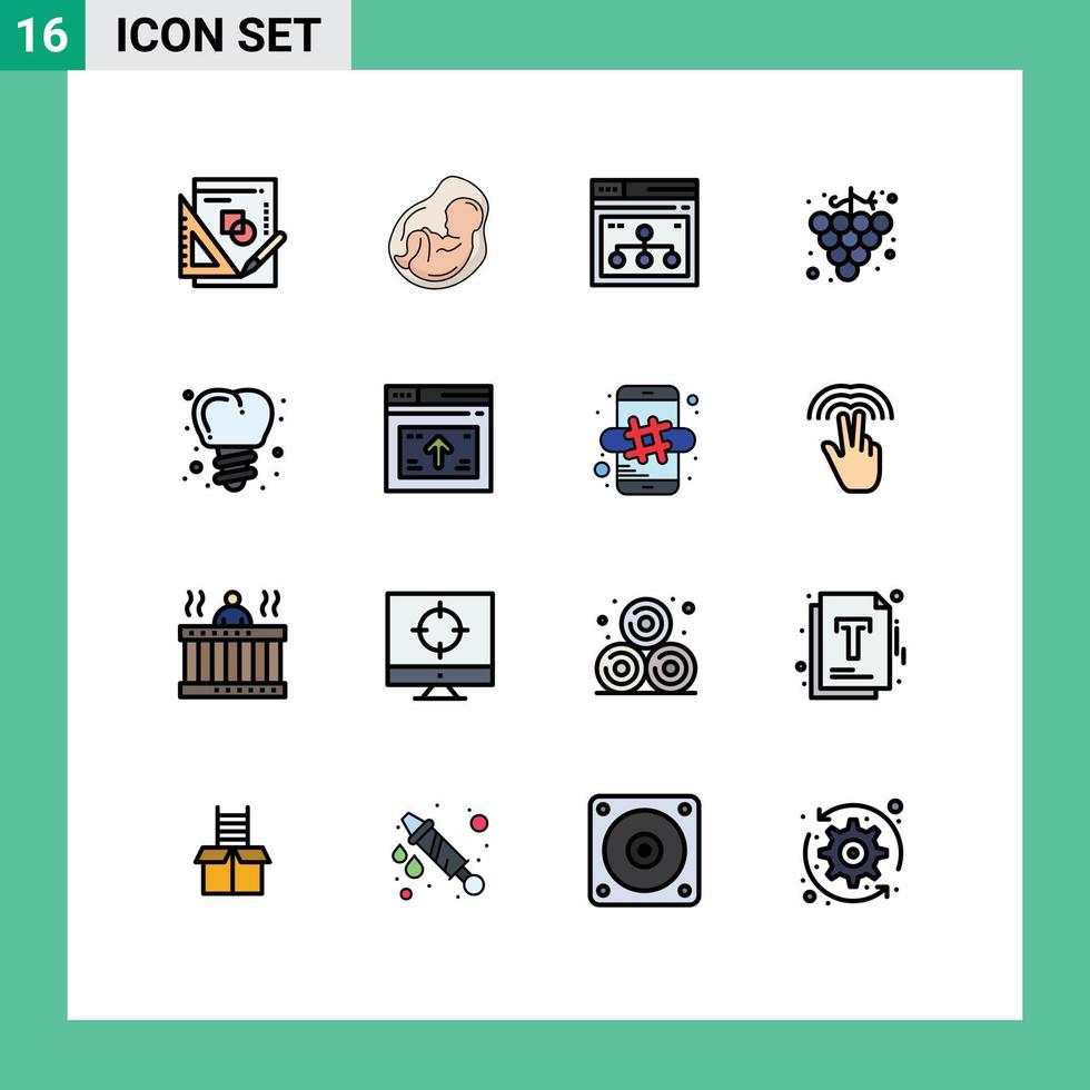 ensemble de 16 lignes vectorielles remplies de couleurs plates sur la grille pour l'implantation d'éléments de conception vectoriels créatifs modifiables sur le site Web de nourriture de fœtus de fruits vecteur