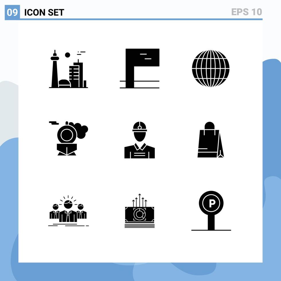 interface mobile glyphe solide ensemble de 9 pictogrammes d'éléments de conception vectoriels modifiables de transport d'ingénieur globe travailleur handbeg vecteur