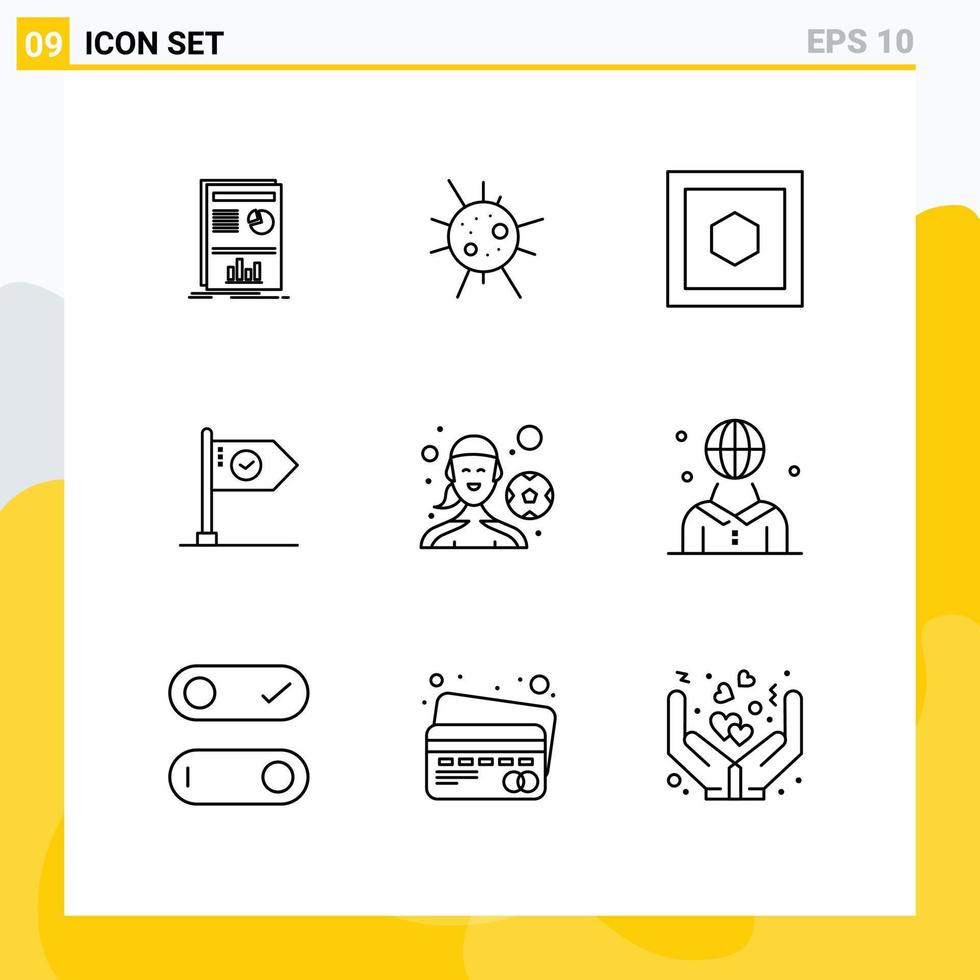 ensemble de pictogrammes de 9 contours simples d'éléments de conception vectoriels modifiables d'entreprise de marque de joueur féminin vecteur