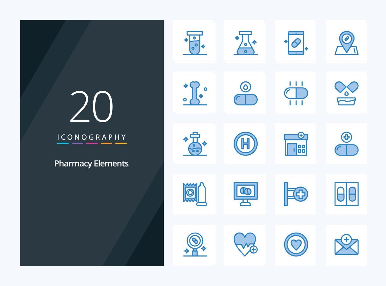20 éléments de pharmacie icône de couleur bleue pour la présentation vecteur