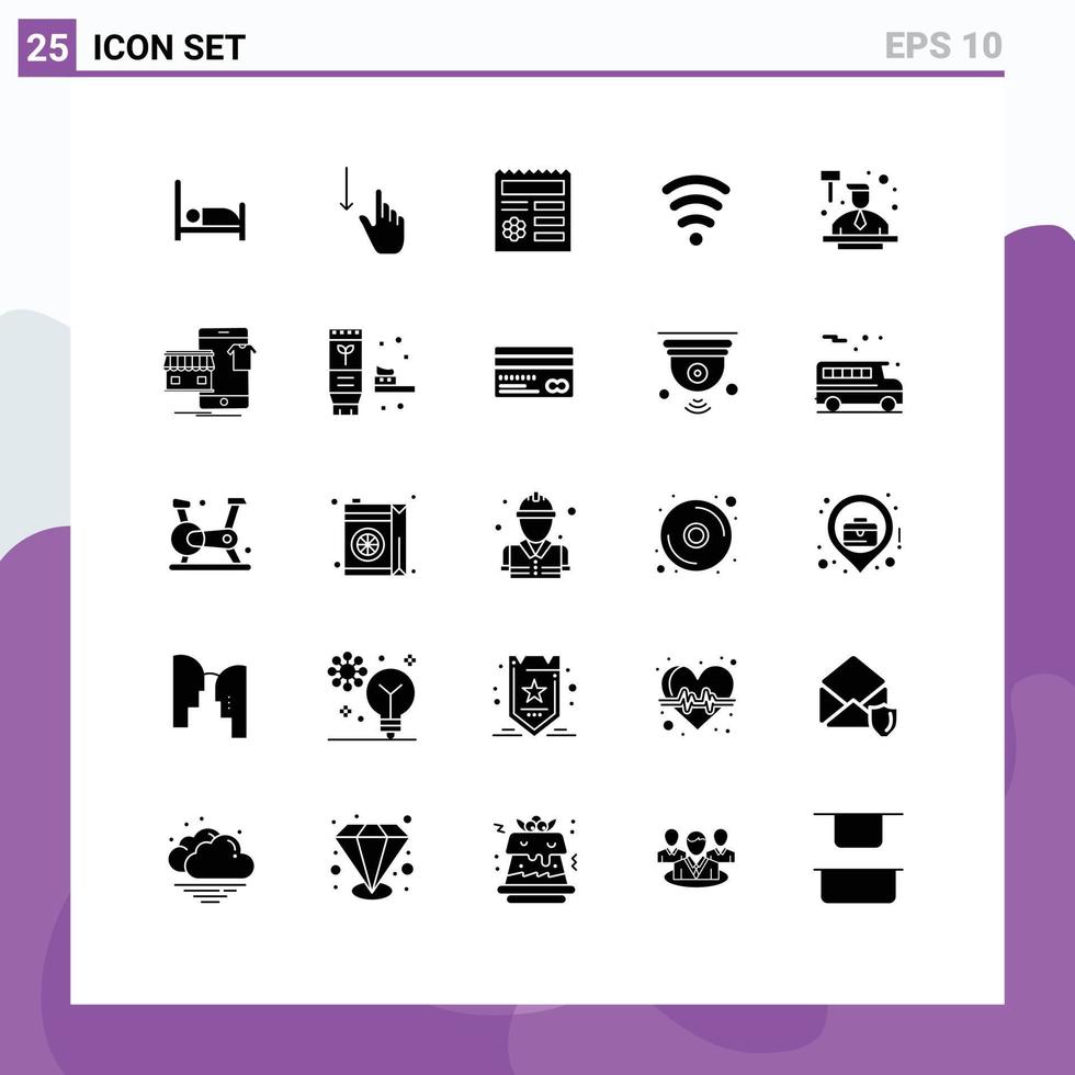 pack de glyphes solides de 25 symboles universels d'enchères signal de base wifi éléments de conception vectoriels modifiables vecteur