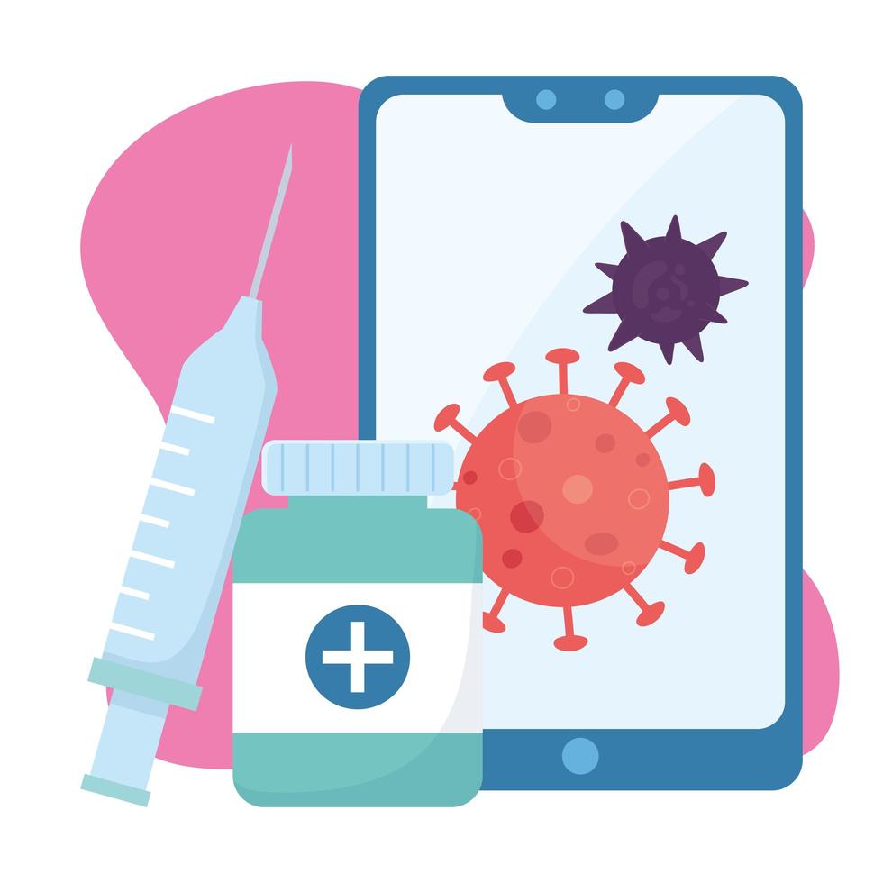 santé en ligne, seringue de médecine pour smartphone et pharmacie de bouteille covid 19 coronavirus vecteur