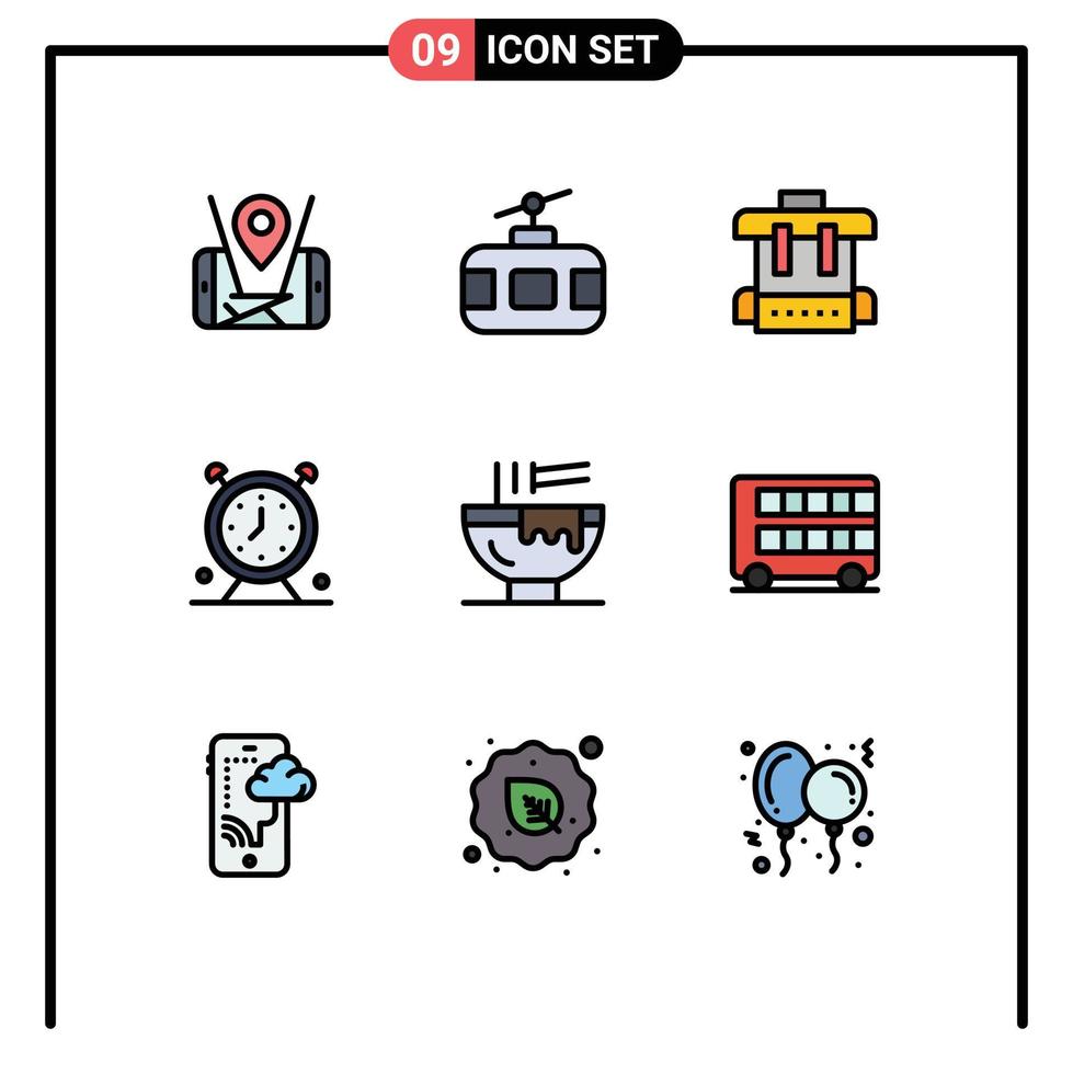 9 interface utilisateur filledline pack de couleurs plates de signes et symboles modernes d'alarme de calendrier de voyage dans le temps de bol éléments de conception vectoriels modifiables vecteur