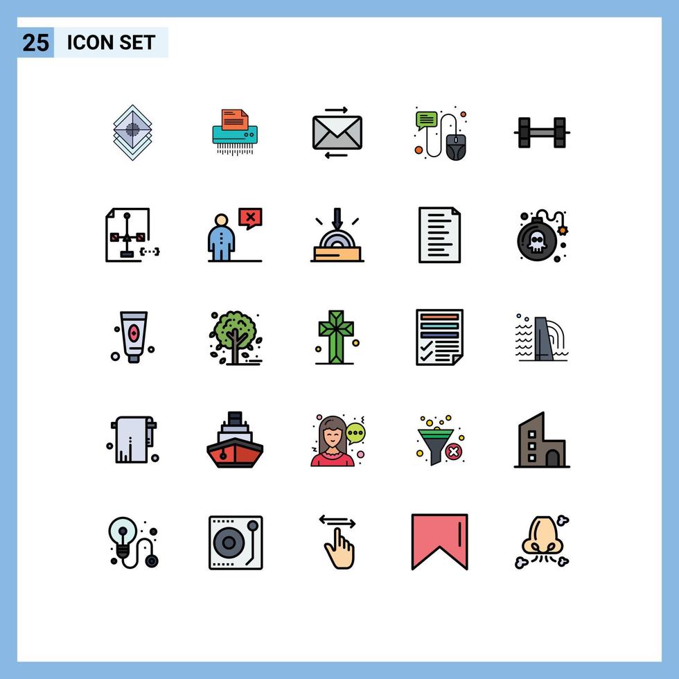 25 couleurs plates de ligne pleine universelle définies pour les applications web et mobiles curseur fichier de discussion flèche message éléments de conception vectoriels modifiables vecteur