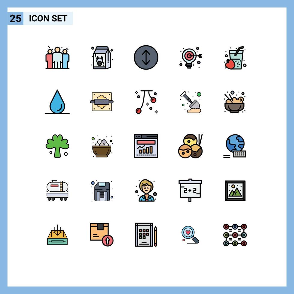 interface mobile ligne remplie couleur plate ensemble de 25 pictogrammes d'éléments de conception vectoriels modifiables de cible web de lait de pomme alimentaire vecteur