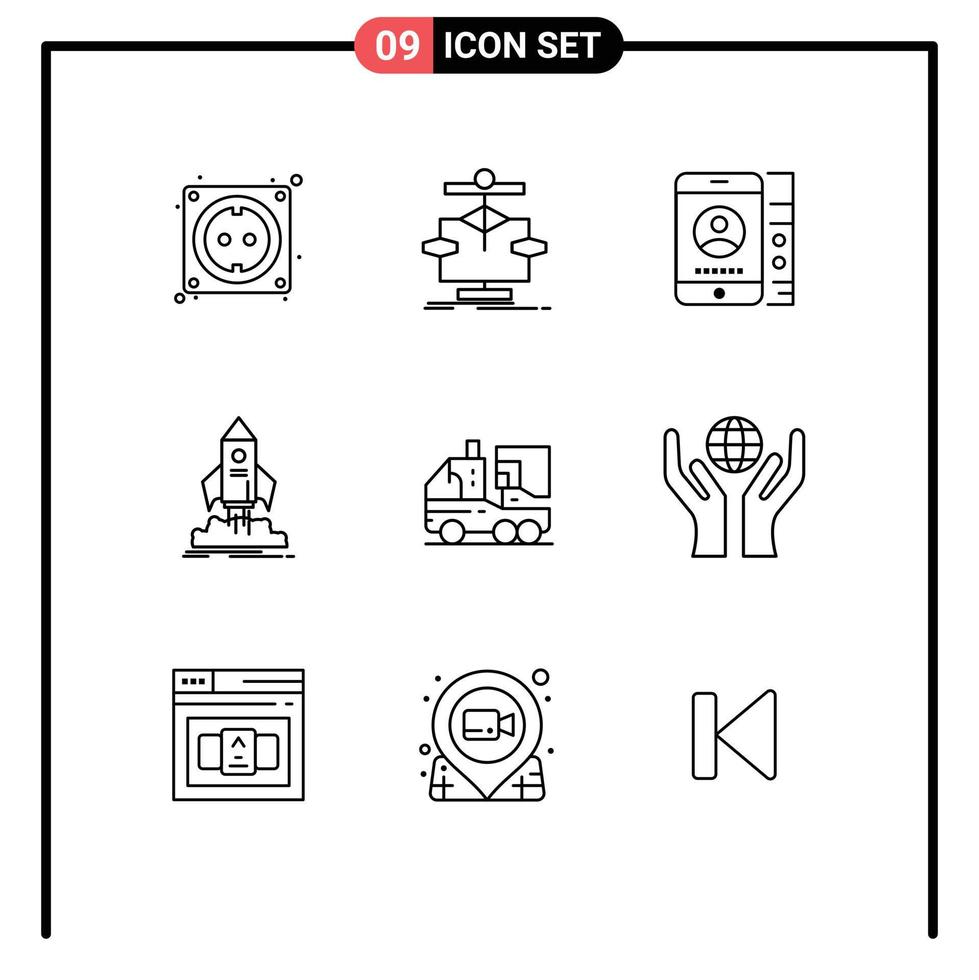 9 ensemble de contours d'interface utilisateur de signes et symboles modernes d'éléments de conception vectoriels modifiables de téléphone de démarrage de flux de navire de mission vecteur