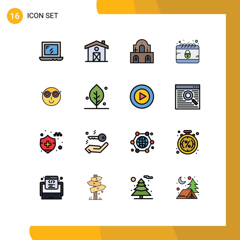 pack de 16 symboles universels de ligne remplie de couleurs plates d'éléments de conception vectoriels créatifs mignons emoji église smiley cyber modifiables vecteur