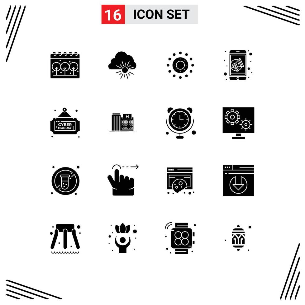 interface mobile glyphe solide ensemble de 16 pictogrammes d'éléments de conception vectoriels modifiables de commercialisation de haut-parleur de printemps du lundi vecteur