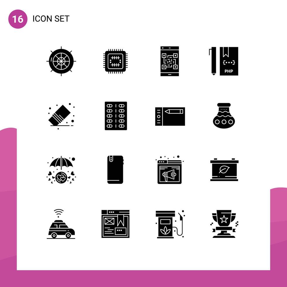symboles d'icônes universels groupe de 16 glyphes solides modernes de fichier développer codage cpu scanner éléments de conception vectoriels modifiables vecteur