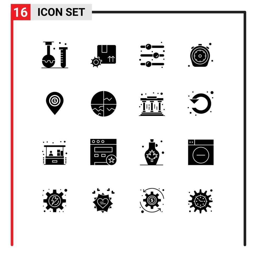 groupe de 16 glyphes solides modernes pour minuterie engrenage de cuisine interrupteur à bascule alimentaire éléments de conception vectoriels modifiables vecteur