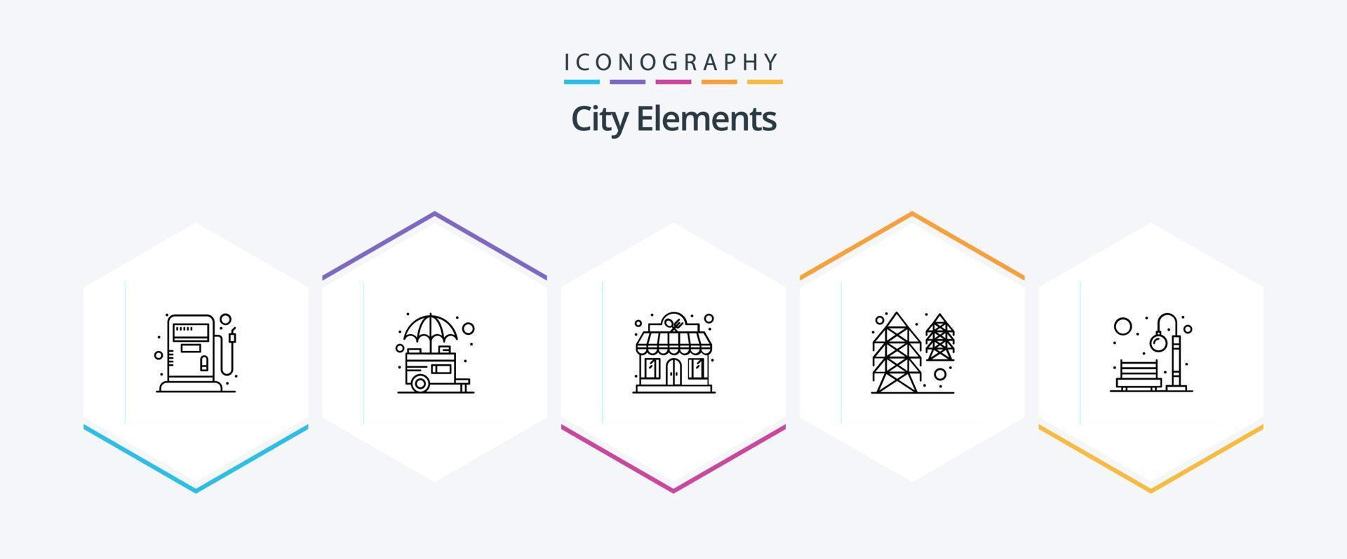 pack d'icônes de 25 lignes d'éléments de la ville, y compris la ville. la fourniture. Hôtel. la tour. électricité vecteur