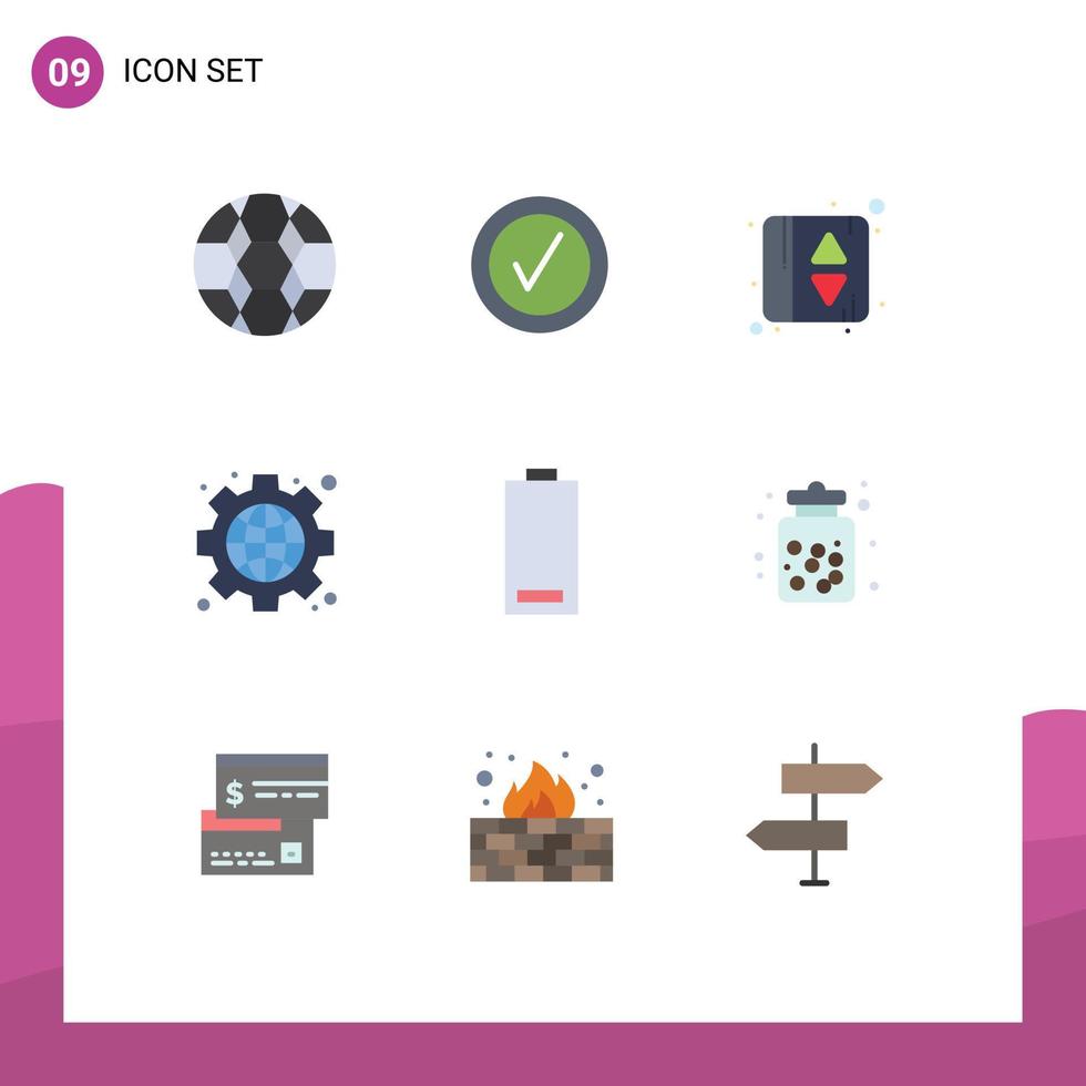 groupe de 9 signes et symboles de couleurs plates pour les éléments de conception vectoriels modifiables web de batterie de porte d'ascenseur électrique d'énergie vecteur