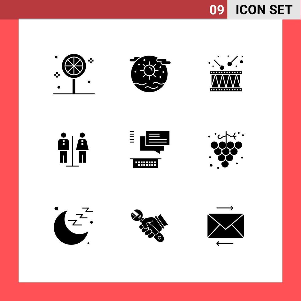 interface mobile glyphe solide ensemble de 9 pictogrammes de service de conversation tambour hôtel ascenseur éléments de conception vectoriels modifiables vecteur