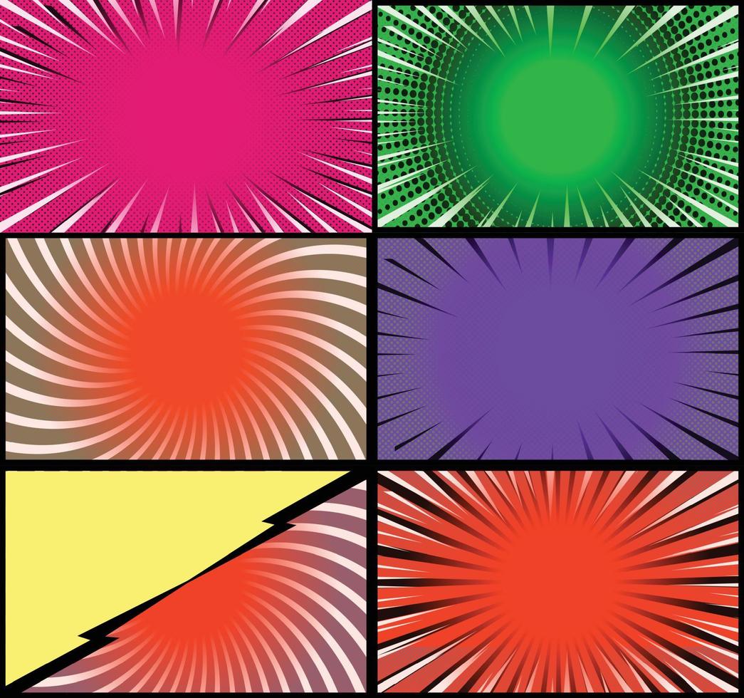 fond de cadres colorés de bande dessinée avec des rayons de demi-teintes effets radiaux et pointillés style pop art vecteur