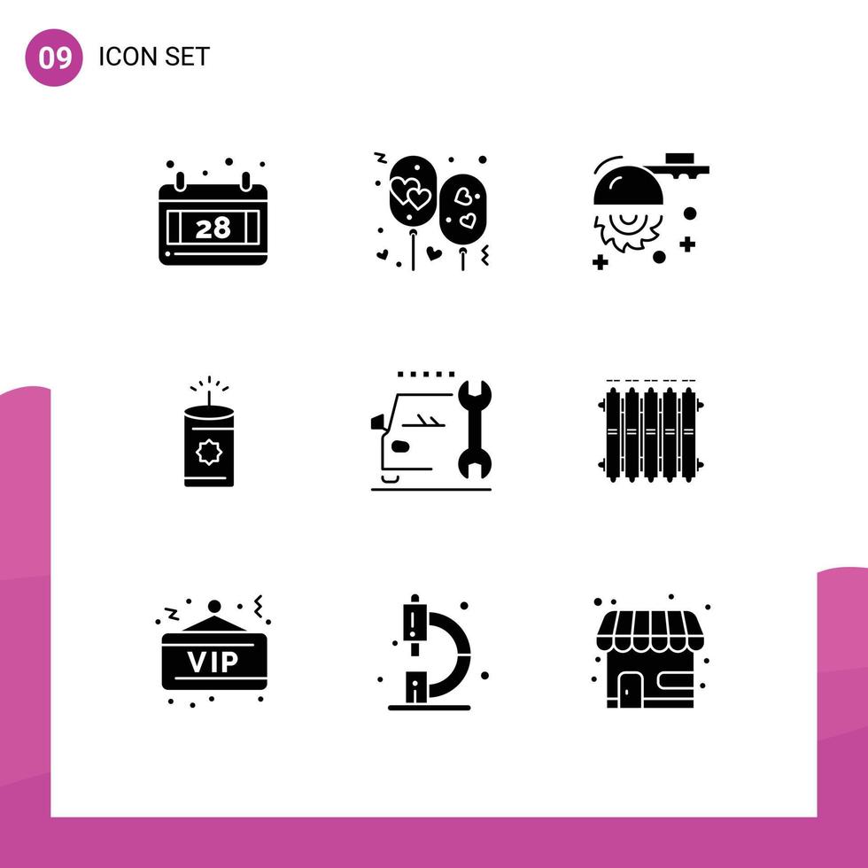 9 glyphes solides vectoriels thématiques et symboles modifiables d'éléments de conception vectoriels modifiables de bougie chinoise de lame de voiture de réparation vecteur